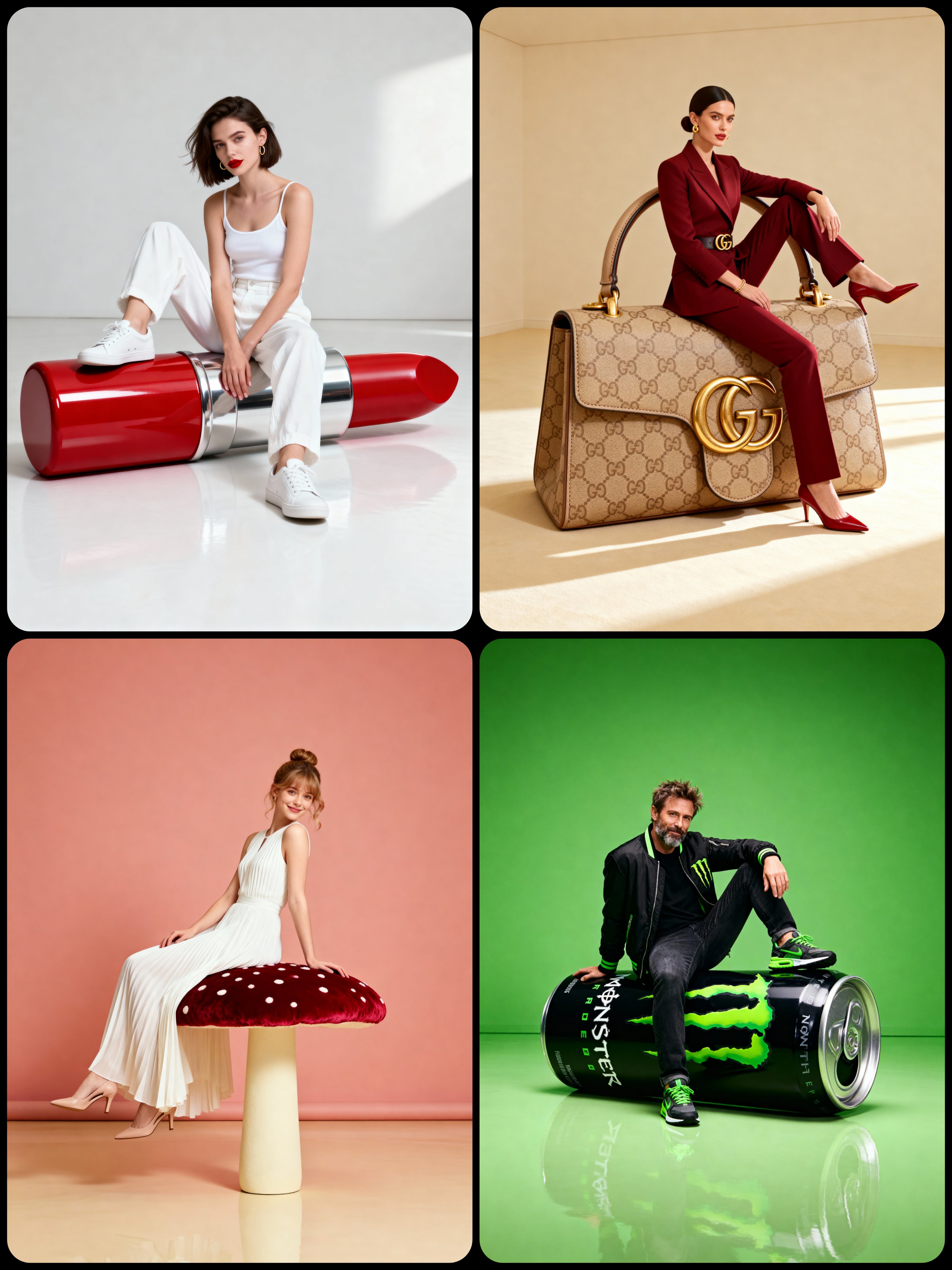 Gempix2 AI image generator: Giant lipstick GG bag mushroom stool tire collage - Free AI generator