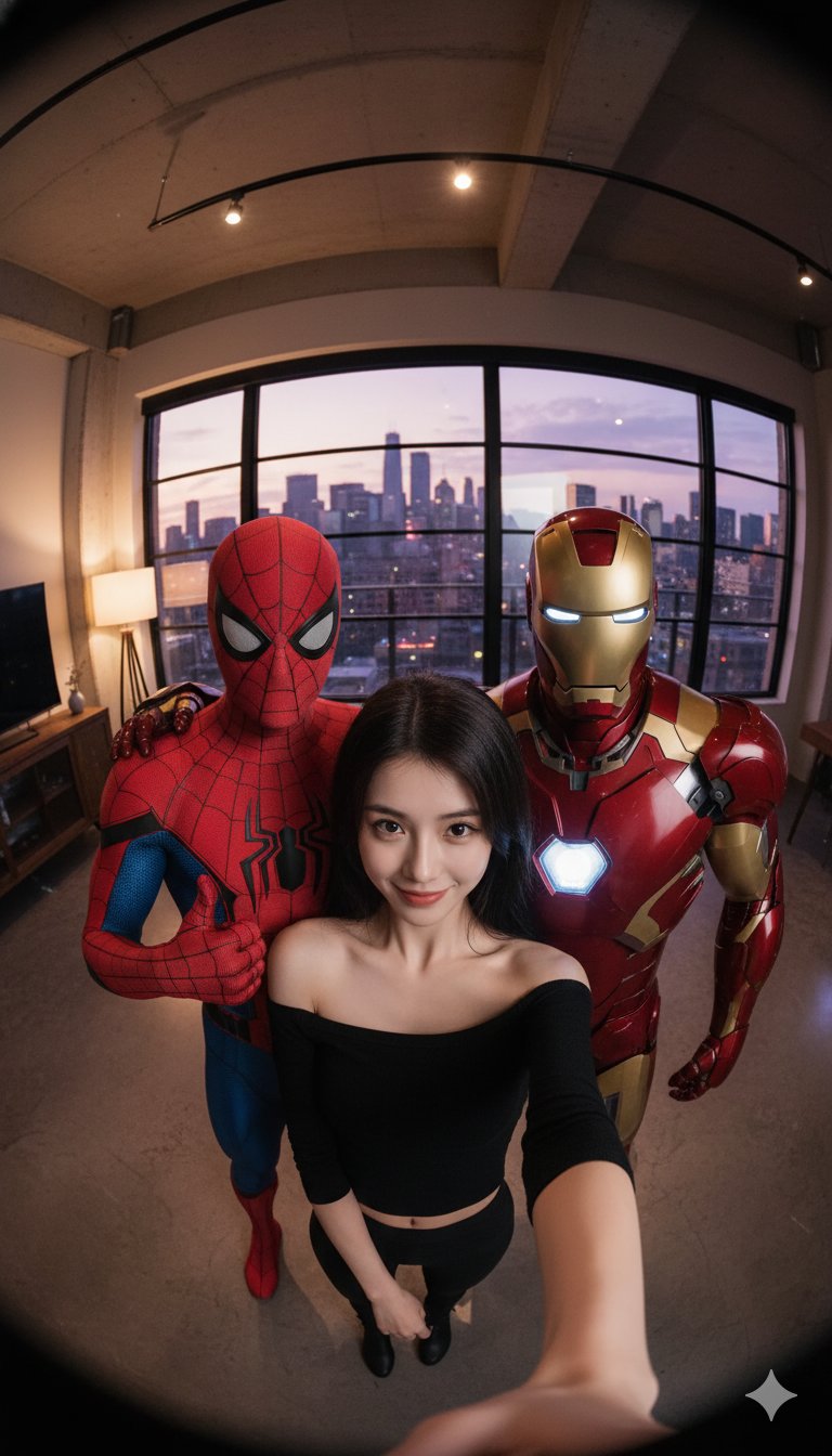 Gempix2 AI image generator: Spider-Man and Iron Man indoor selfie - Online AI generation