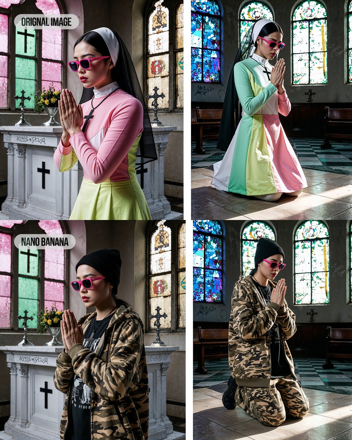 Gempix2 AI image generator: Church scene original vs nano banana style transformation - Free AI generation